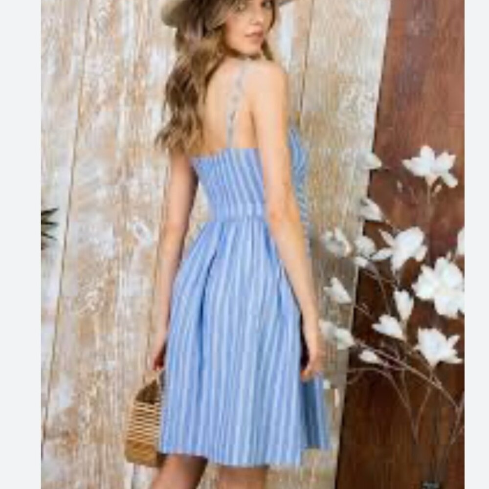WOMEN’S TWIK BLUE & WHITE STRIPE MIDI DRESS - Picture 2 of 9